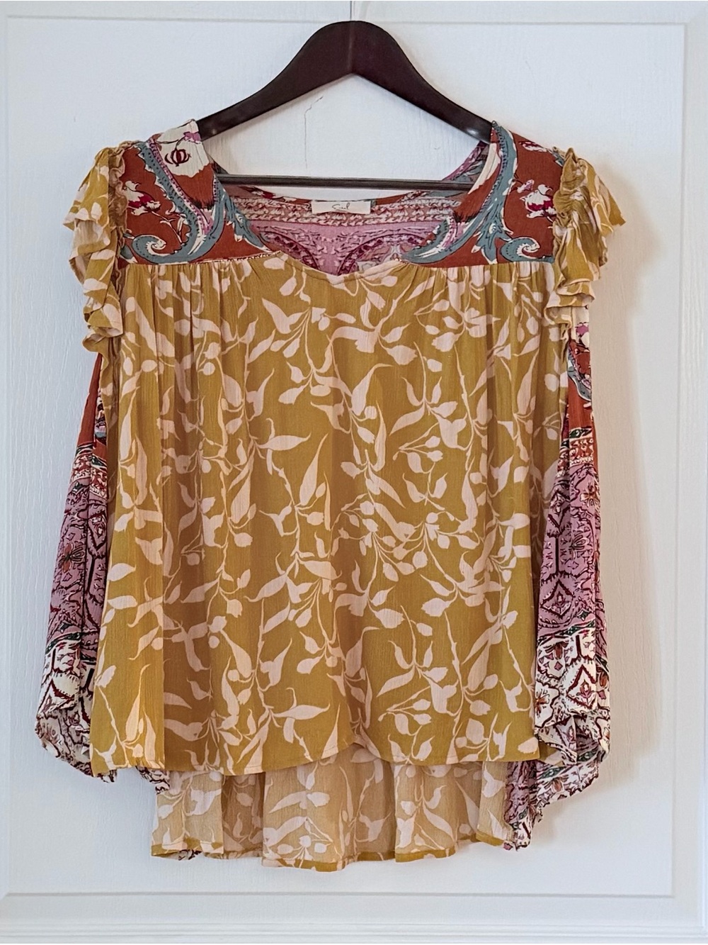 easel Mixed-Print Boho Blouse in Mustard, Pink and Rust